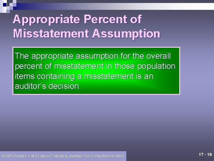Appropriate Percent of Misstatement Assumption The appropriate assumption for the overall percent of misstatement
