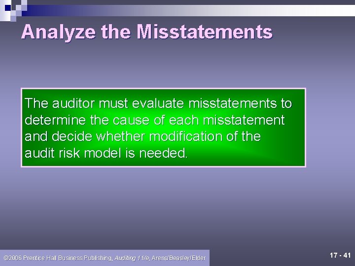 Analyze the Misstatements The auditor must evaluate misstatements to determine the cause of each