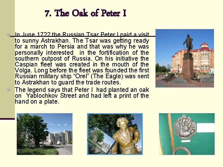 7. The Oak of Peter I n In June 1722 the Russian Tsar Peter