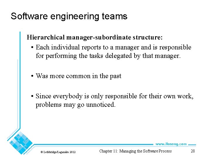Software engineering teams Hierarchical manager-subordinate structure: • Each individual reports to a manager and