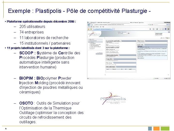 Exemple : Plastipolis - Pôle de compétitivité Plasturgie • Plateforme opérationnelle depuis décembre 2006