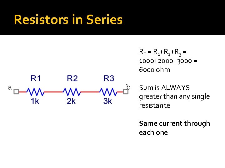 Resistors in Series RT = R 1+R 2+R 3 = 1000+2000+3000 = 6000 ohm