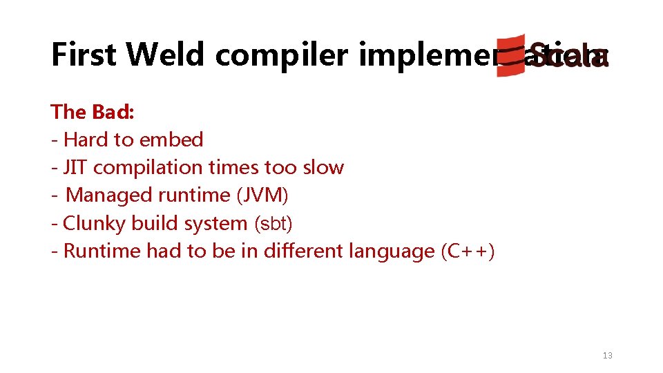 First Weld compiler implementation: The Bad: - Hard to embed - JIT compilation times