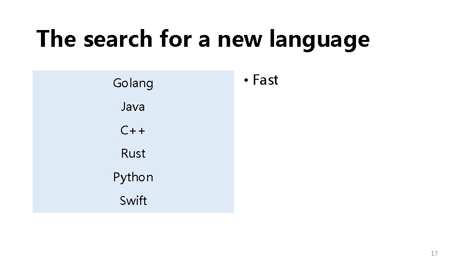 The search for a new language Golang • Fast Java C++ Rust Python Swift