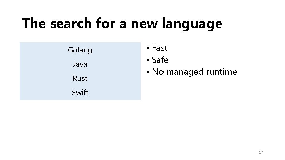 The search for a new language Golang Java Rust • Fast • Safe •