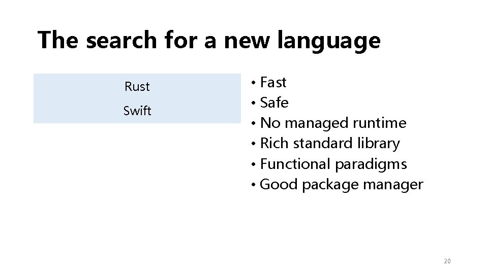 The search for a new language Rust Swift • Fast • Safe • No