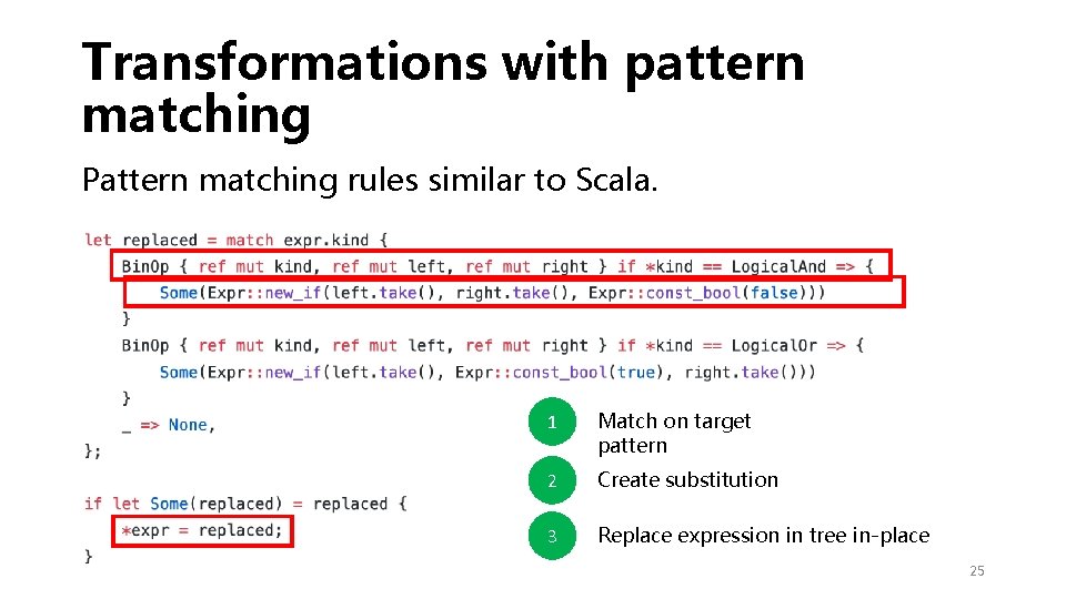 Transformations with pattern matching Pattern matching rules similar to Scala. 1 Match on target