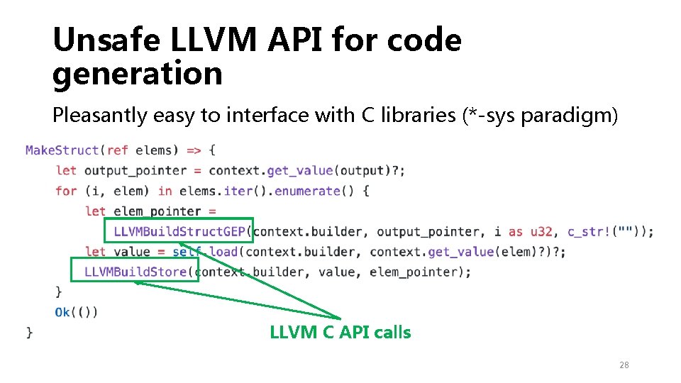 Unsafe LLVM API for code generation Pleasantly easy to interface with C libraries (*-sys