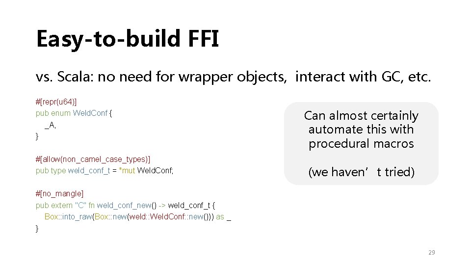 Easy-to-build FFI vs. Scala: no need for wrapper objects, interact with GC, etc. #[repr(u