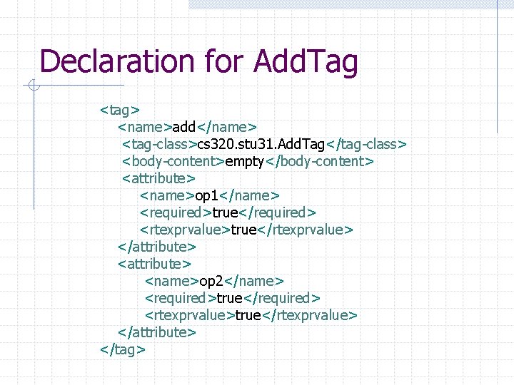 Declaration for Add. Tag <tag> <name>add</name> <tag-class>cs 320. stu 31. Add. Tag</tag-class> <body-content>empty</body-content> <attribute>