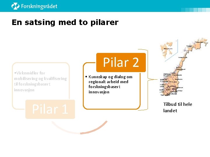 En satsing med to pilarer • Virkemidler for mobilisering og kvalifisering til forskningsbasert innovasjon