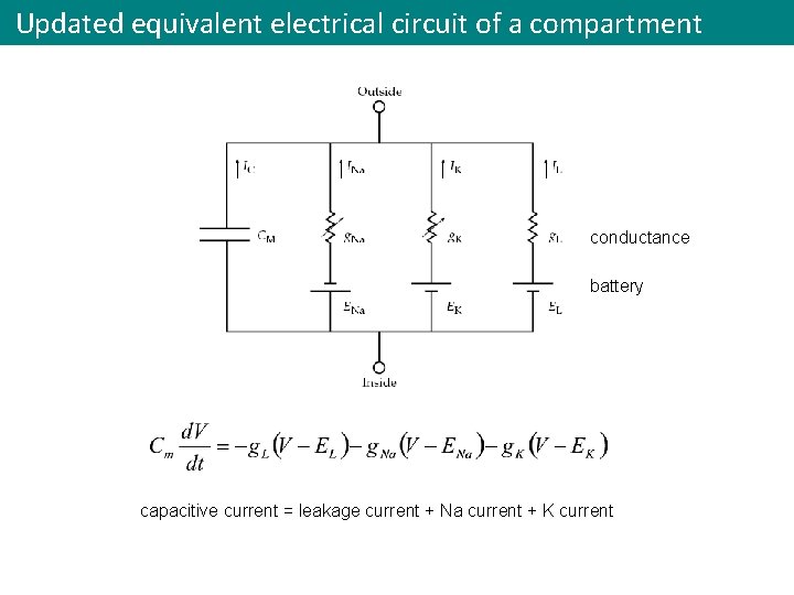 Updated equivalent electrical circuit of a compartment conductance battery capacitive current = leakage current