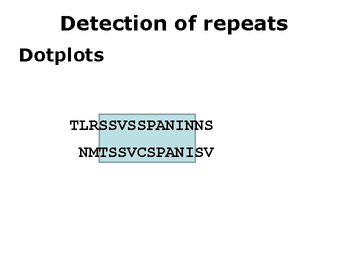 Detection of repeats Dotplots TLRSSVSSPANINNS NMTSSVCSPANISV 