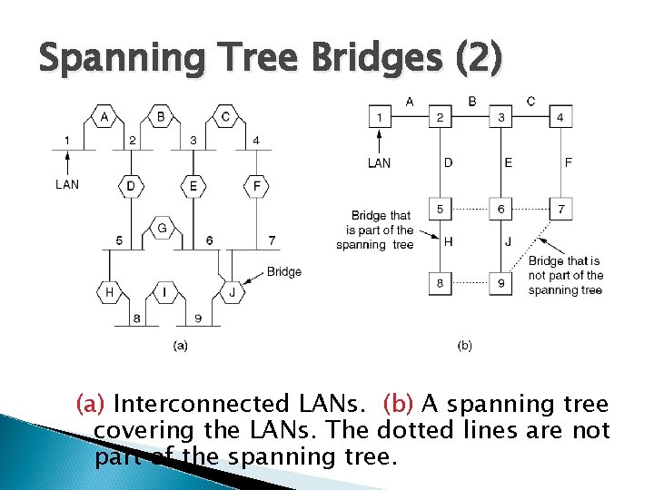 Spanning Tree Bridges (2) (a) Interconnected LANs. (b) A spanning tree covering the LANs.