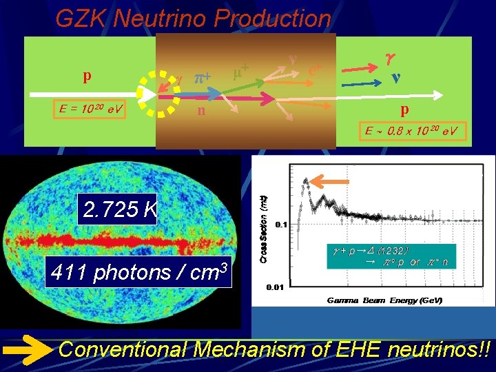 GZK Neutrino Production p E = 10 20 e. V γ π＋ n ＋