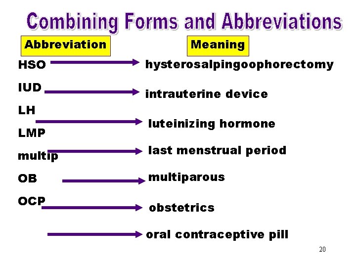 Combining Forms & Abbreviation Meaning Abbreviations (HSO) hysterosalpingoophorectomy HSO IUD LH LMP intrauterine device