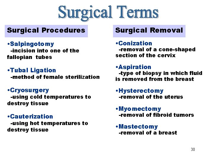 Surgical Terms Surgical Removal Surgical Procedures • Salpingotomy -incision into one of the fallopian