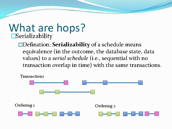 What are hops? �Serializability �Defination: Serializability of a schedule means equivalence (in the outcome,
