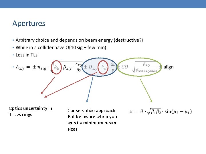 Apertures • Optics uncertainty in TLs vs rings Conservative approach But be aware when