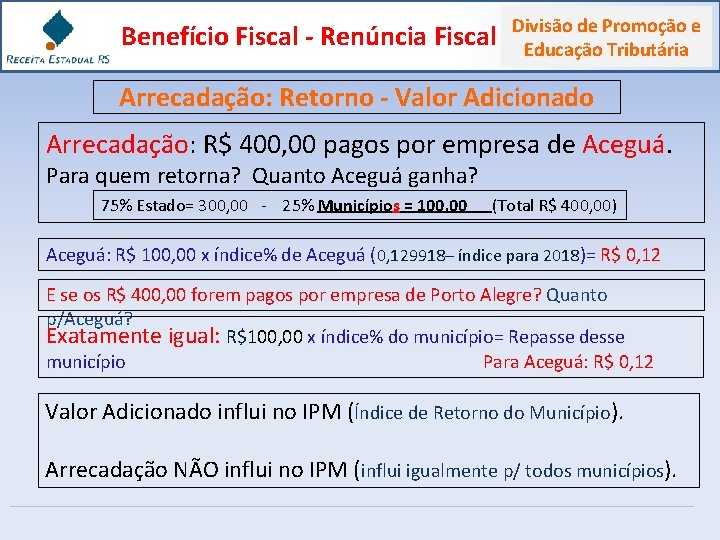 Benefício Fiscal - Renúncia Fiscal Divisão de Promoção e Educação Tributária Arrecadação: Retorno -