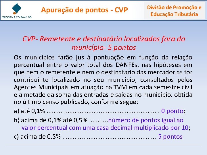 Apuração de pontos - CVP Divisão de Promoção e Educação Tributária CVP- Remetente e