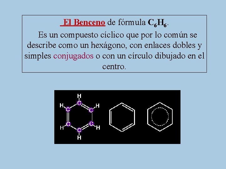 El Benceno de fórmula C 6 H 6. Es un compuesto cíclico que por