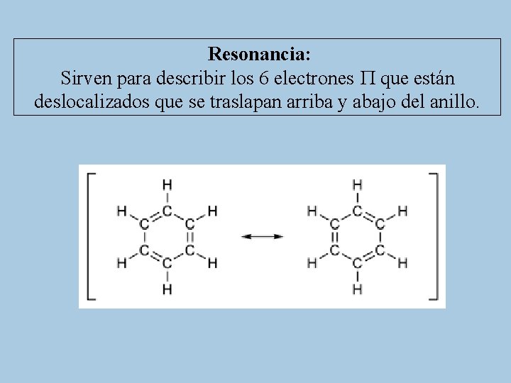Resonancia: Sirven para describir los 6 electrones que están deslocalizados que se traslapan arriba