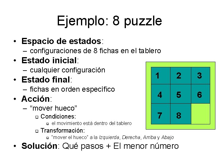 Ejemplo: 8 puzzle • Espacio de estados: – configuraciones de 8 fichas en el