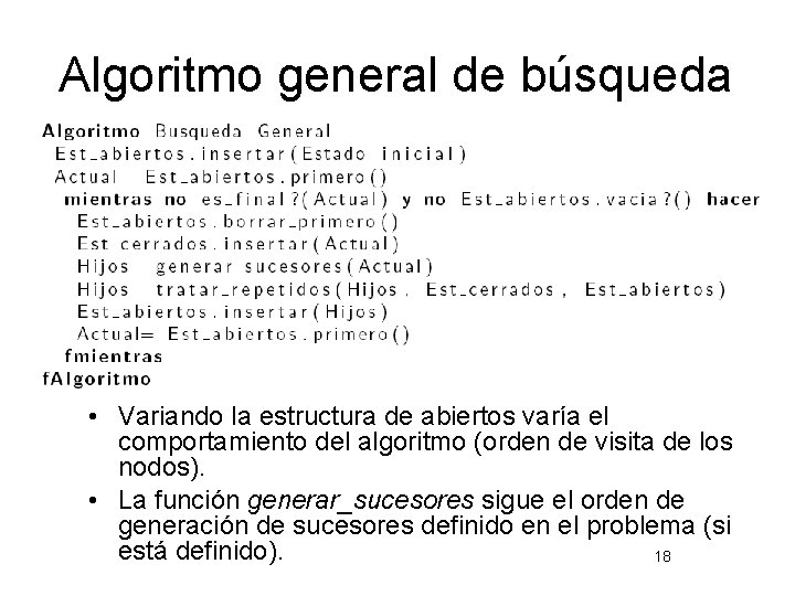 Algoritmo general de búsqueda • Variando la estructura de abiertos varía el comportamiento del