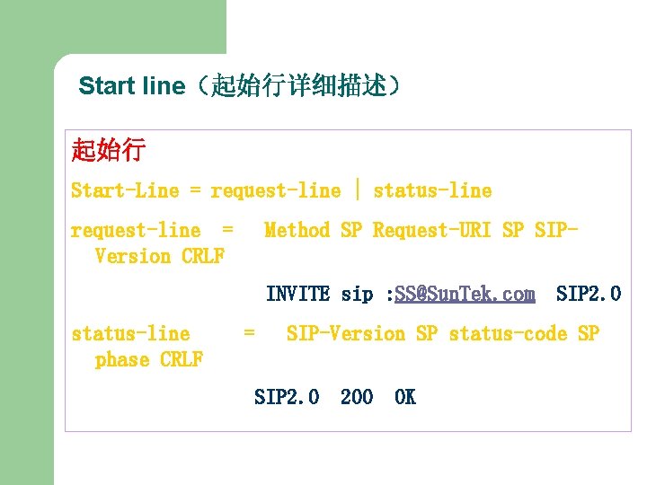 Start line（起始行详细描述） 起始行 Start-Line = request-line | status-line request-line = Version CRLF Method SP