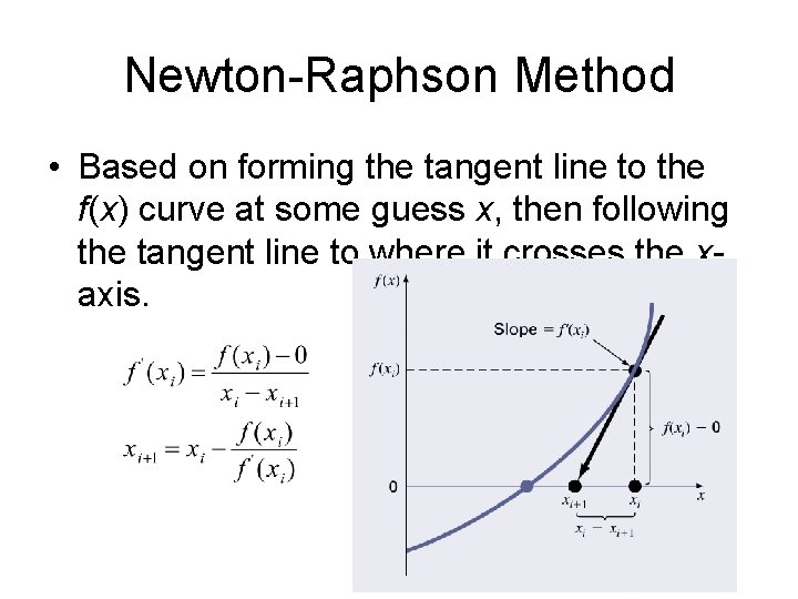 Newton-Raphson Method • Based on forming the tangent line to the f(x) curve at