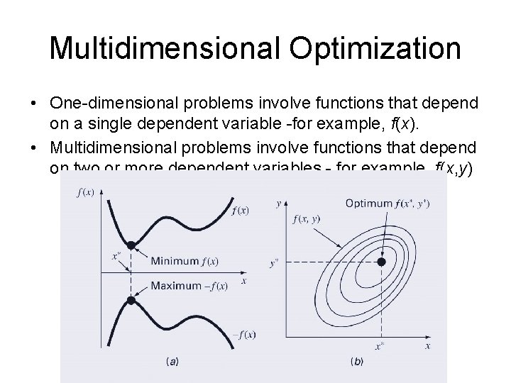 Multidimensional Optimization • One-dimensional problems involve functions that depend on a single dependent variable