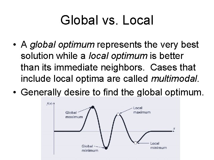 Global vs. Local • A global optimum represents the very best solution while a