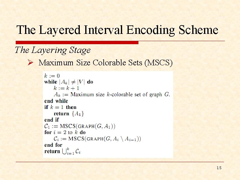 The Layered Interval Encoding Scheme The Layering Stage Ø Maximum Size Colorable Sets (MSCS)