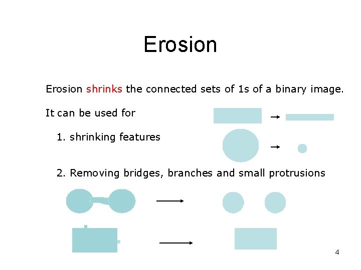Erosion shrinks the connected sets of 1 s of a binary image. It can