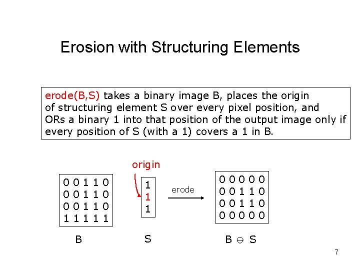 Erosion with Structuring Elements erode(B, S) takes a binary image B, places the origin