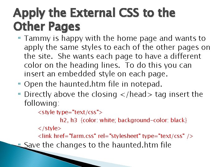 Apply the External CSS to the Other Pages Tammy is happy with the home