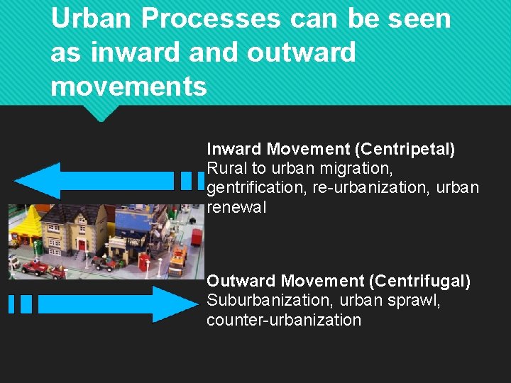 Urban Processes can be seen as inward and outward movements Inward Movement (Centripetal) Rural