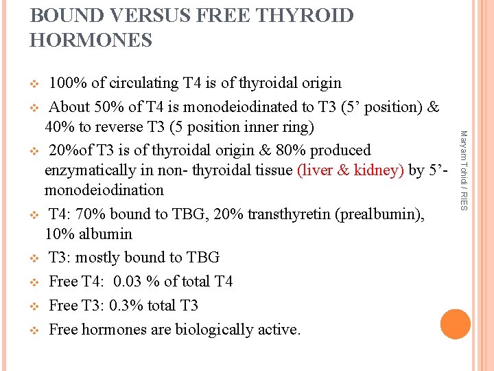 BOUND VERSUS FREE THYROID HORMONES 100% of circulating T 4 is of thyroidal origin