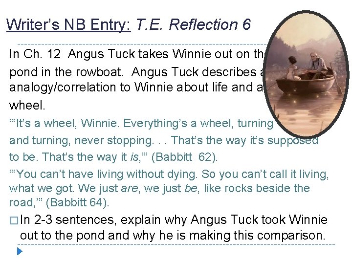 Writer’s NB Entry: T. E. Reflection 6 In Ch. 12 Angus Tuck takes Winnie