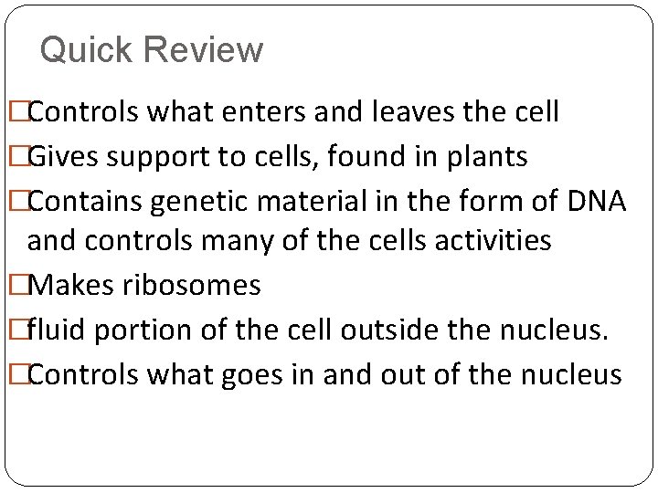 Quick Review �Controls what enters and leaves the cell �Gives support to cells, found