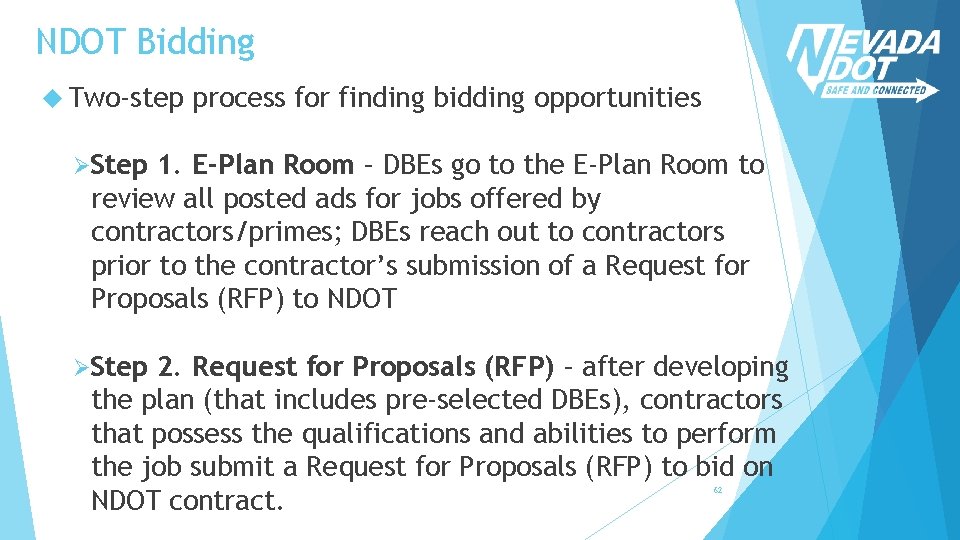 NDOT Bidding Two-step process for finding bidding opportunities ØStep 1. E-Plan Room – DBEs