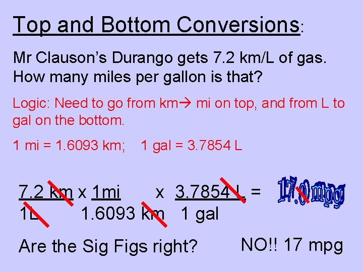 Top and Bottom Conversions: Mr Clauson’s Durango gets 7. 2 km/L of gas. How
