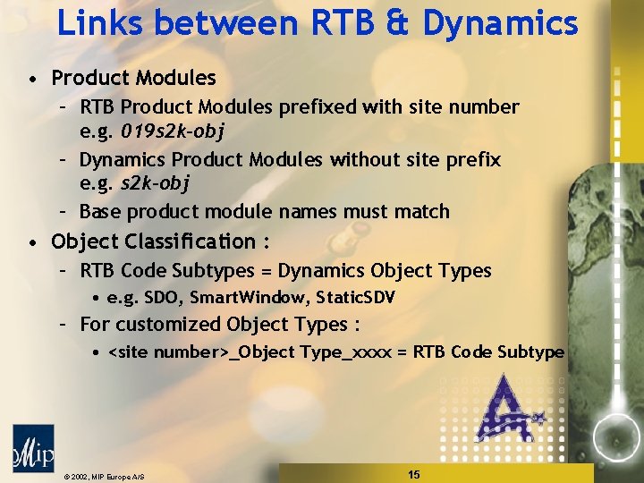 Links between RTB & Dynamics • Product Modules – RTB Product Modules prefixed with