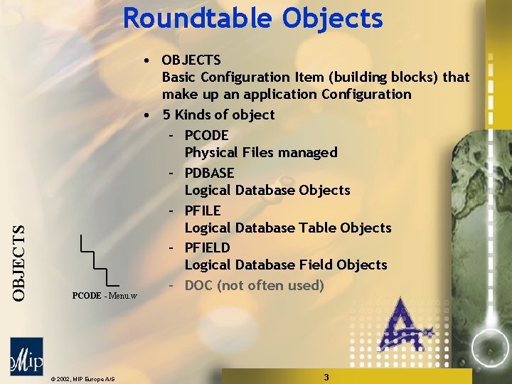 OBJECTS Roundtable Objects PCODE - Menu. w © 2002, MIP Europe A/S • OBJECTS