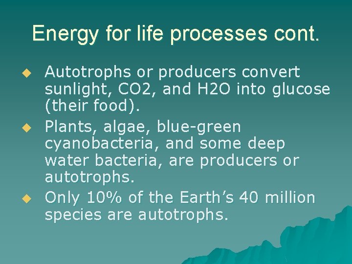 Energy for life processes cont. u u u Autotrophs or producers convert sunlight, CO