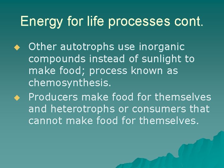 Energy for life processes cont. u u Other autotrophs use inorganic compounds instead of