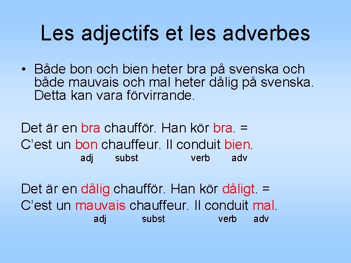 Les adjectifs et les adverbes • Både bon och bien heter bra på svenska Les adjectifs et les adverbes • Både bon och bien heter bra på svenska