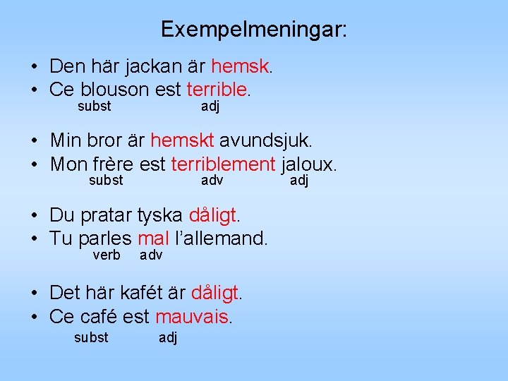 Exempelmeningar: • Den här jackan är hemsk. • Ce blouson est terrible. subst adj Exempelmeningar: • Den här jackan är hemsk. • Ce blouson est terrible. subst adj