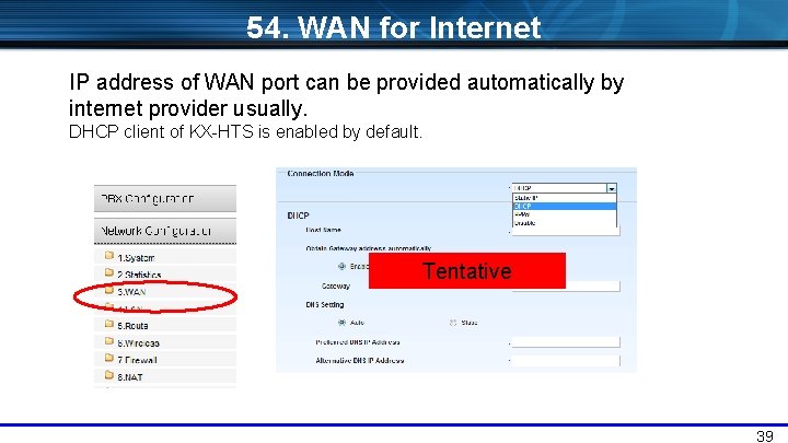 54. WAN for Internet IP address of WAN port can be provided automatically by